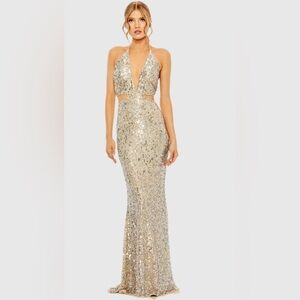 Mac Duggal Gold Sequin Backless Dress